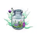 potion bottle, seaweed, flower, magic sparkles tattoo design idea
