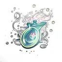 potion bottle, seaweed, flower, magic sparkles tattoo design idea