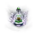 potion bottle, seaweed, flower, magic sparkles tattoo design idea
