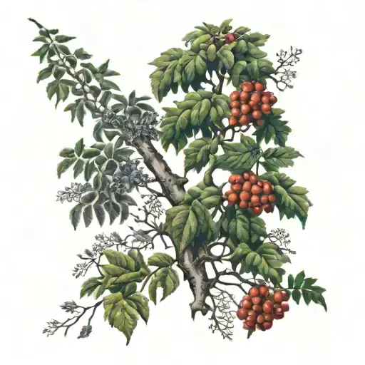 Rowan tree and hawthorn tree intertwined tattoo design idea
