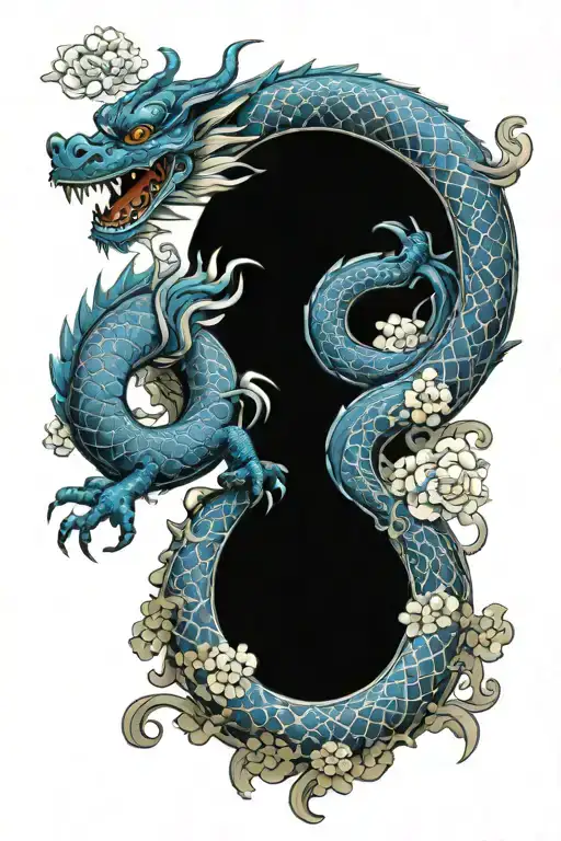 blue tatto porcelain dragon going up arm with flowers and vines and lined sea waves on wrists with black line to seperat tattoo design idea