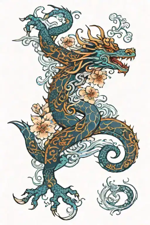 blue tattoo porcelainskinny dragon going up arm with flowers and vines and lined sea waves on wrists with black line to  tattoo design idea