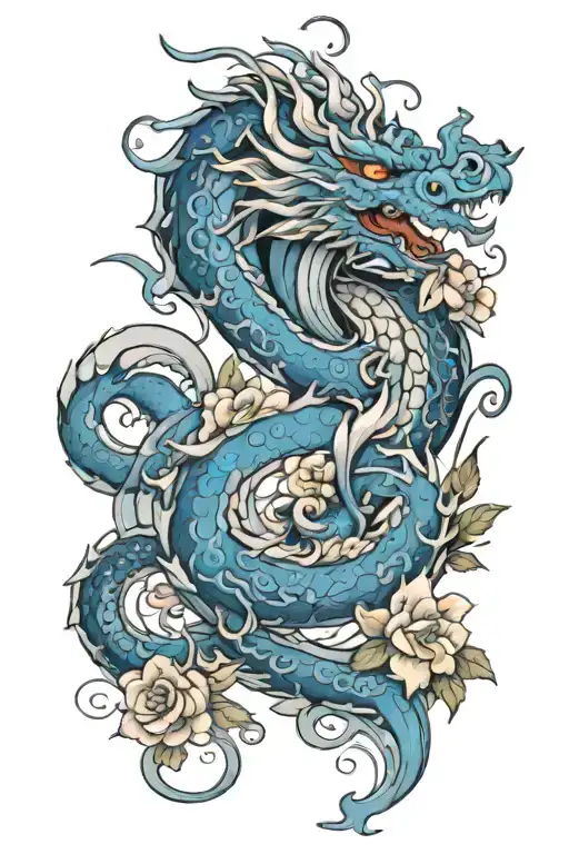 blue tattoo porcelain dragon going up arm with flowers and vines and lined sea waves on wrists with black line to  tattoo design idea