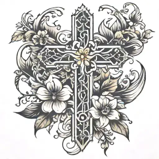 floral cross intertwined tattoo design idea
