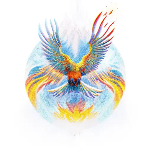 majestic phoenix bird flying over mountains, with its wings and body extended vertically, some of its feathers of fire tattoo design idea