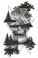 triangle diamond shape, inside a forest with mountains in the background reflecting in a lake, geometric pattern overlay tattoo design idea