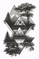 triangle diamond shape, inside a forest with mountains in the background reflecting in a lake, geometric pattern overlay tattoo design idea