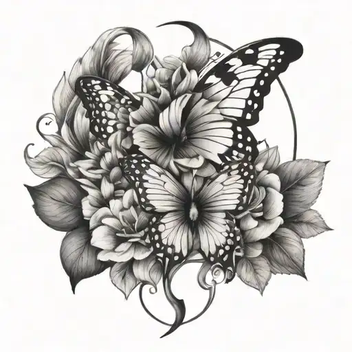 The tattoo features a vertical design with a central butterfly, two flowers, a moon and leaves tattoo design idea