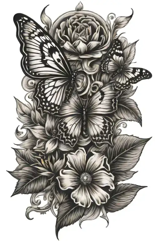 The tattoo features a vertical design with a central butterfly, two flowers, a moon and leaves tattoo design idea