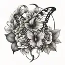 The tattoo features a vertical design with a central butterfly, two flowers, a moon and leaves tattoo design idea