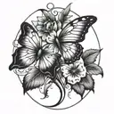 The tattoo features a vertical design with a central butterfly, two flowers, a moon and leaves tattoo design idea