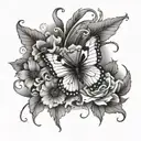 The tattoo features a vertical design with a central butterfly, two flowers, a moon and leaves tattoo design idea