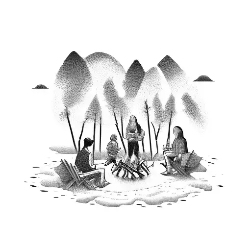 A group of friends and family gathered around a bonfire at the cottage in New York tattoo design idea