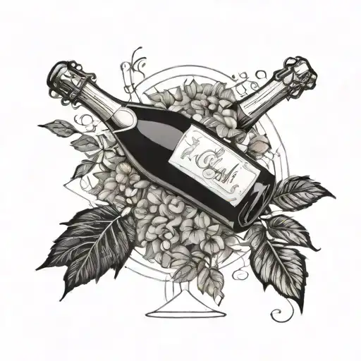 bottle of champagne and vines with sunset tattoo design idea