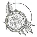 A tattoo design featuring a simple circular dreamcatcher with a basic web pattern, resembling a traditional Native Ameri tattoo design idea