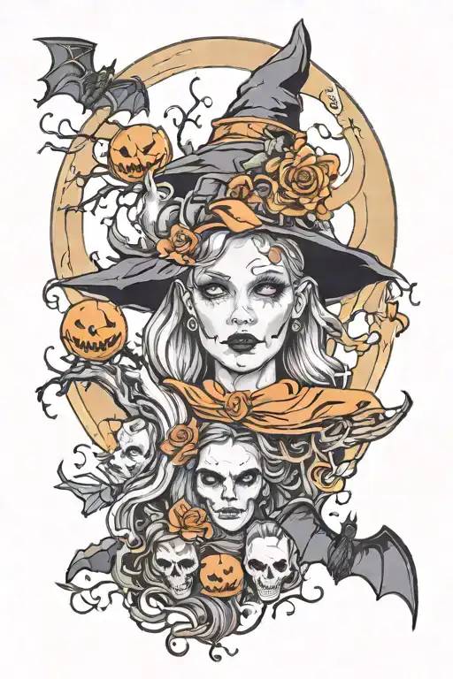 spooky,witch, friendship,moon, halloween ,bat  tattoo design idea