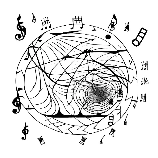 A hiking trail winding through a musical staff with notes representing different emotions tattoo design idea