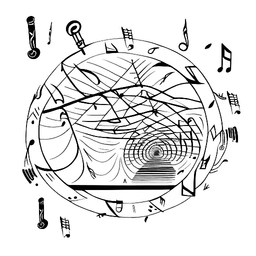 A hiking trail winding through a musical staff with notes representing different emotions tattoo design idea