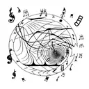 A hiking trail winding through a musical staff with notes representing different emotions tattoo design idea