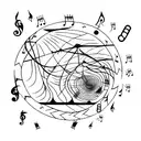 A hiking trail winding through a musical staff with notes representing different emotions tattoo design idea