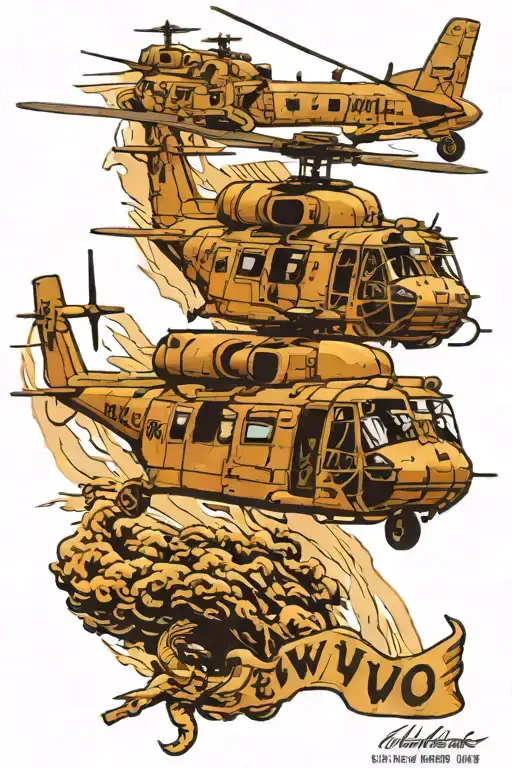 3-D USMC CH-46 helicopter with external load of Iwo Jima Memorial ripping out of skin tattoo design idea