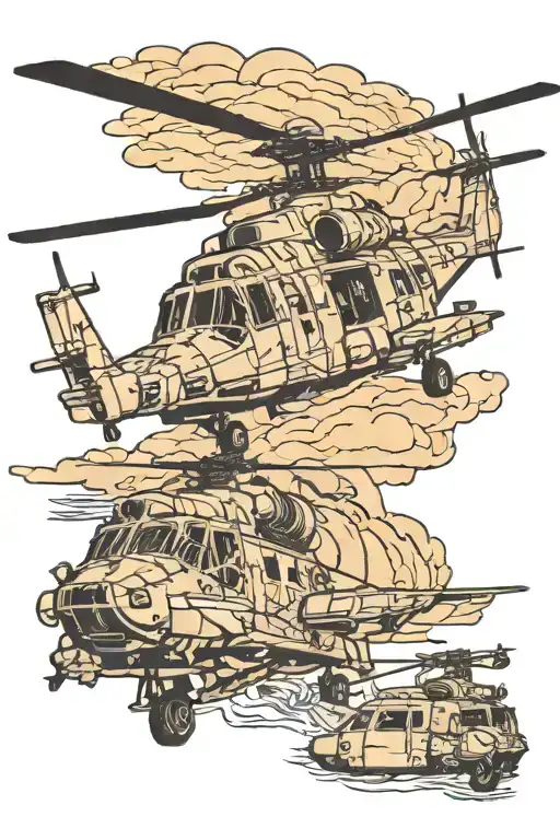 3-D USMC CH-46 helicopter with external load of Iwo Jima Memorial ripping out of skin tattoo design idea