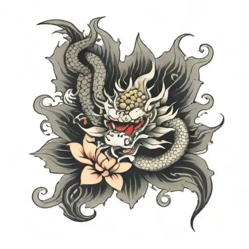 Japanese dragon lotus coi fish tattoo in black and grey tattoo design idea