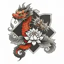 Japanese dragon lotus coi fish tattoo in black and grey tattoo design idea