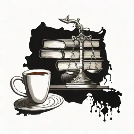 stack of books philosophy and theology books with cup of coffee and beans on top. Lady justice is on the side. tattoo design idea