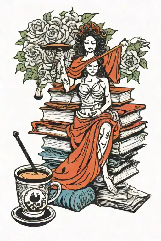 stack of books with coffee on top and lady justice on the side. tattoo design idea