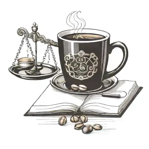 A coffee cup with a law scale balancing beans and books, symbolizing the balance between work and pleasure tattoo design idea