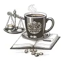 A coffee cup with a law scale balancing beans and books, symbolizing the balance between work and pleasure tattoo design idea