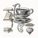 A coffee cup with a law scale balancing beans and books, symbolizing the balance between work and pleasure tattoo design idea