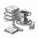 A coffee cup with a law scale balancing beans and books, symbolizing the balance between work and pleasure tattoo design idea