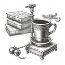 A coffee cup with a law scale balancing beans and books, symbolizing the balance between work and pleasure tattoo design idea