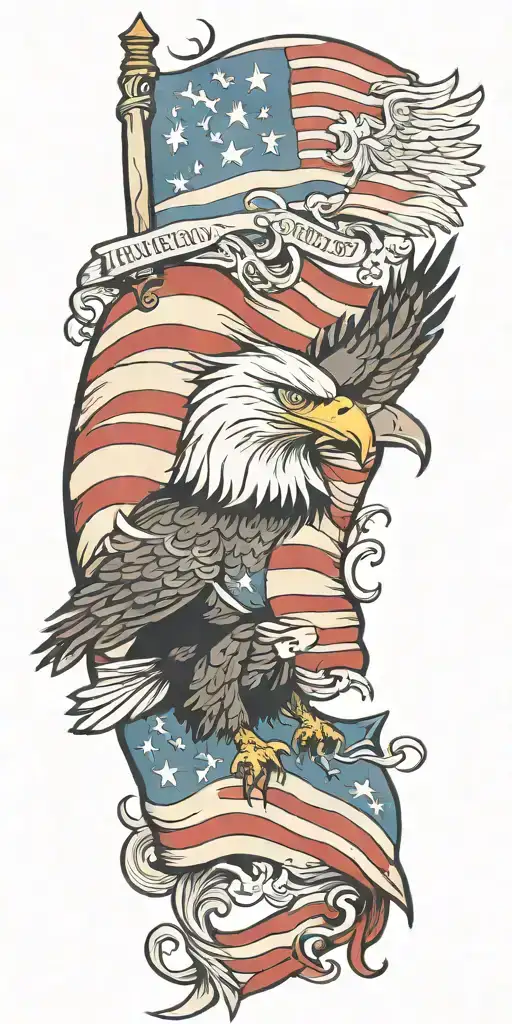 American flag waving and eagle flying tattoo design idea