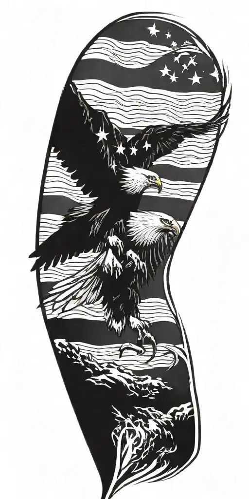 American flag waving and eagle flying tattoo design idea