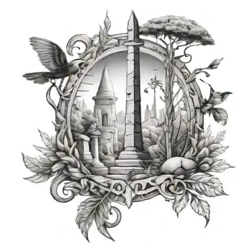 An enchanted forest with Egyptian obelisks scattered throughout, and a magical sword embedded in a stone tattoo design idea