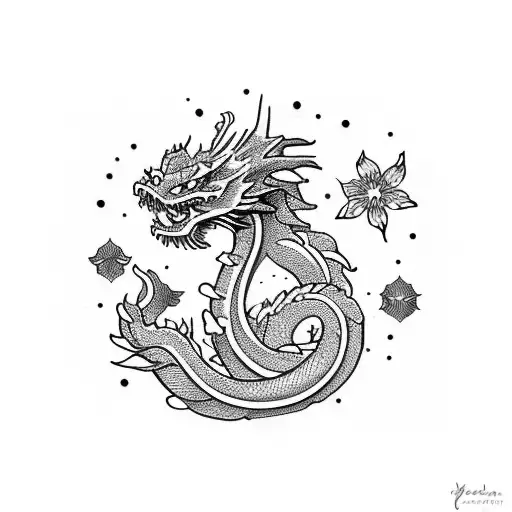 Celestial dragon surrounded by cherry blossoms tattoo design idea
