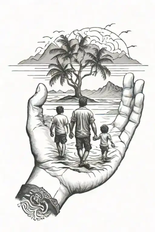 Blackwork "Father Holding Hands With Two 9 Yr Old Boys In Beach Oasis Setting and Mountain Range" Tattoo  tattoo design idea