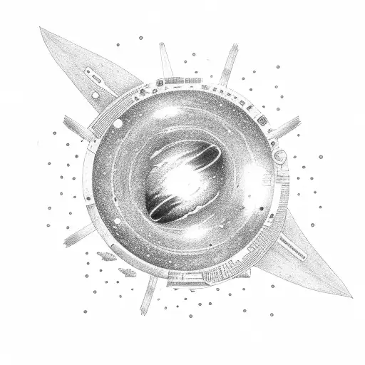 A navy ship sailing through a galaxy made of mandarin slices tattoo design idea