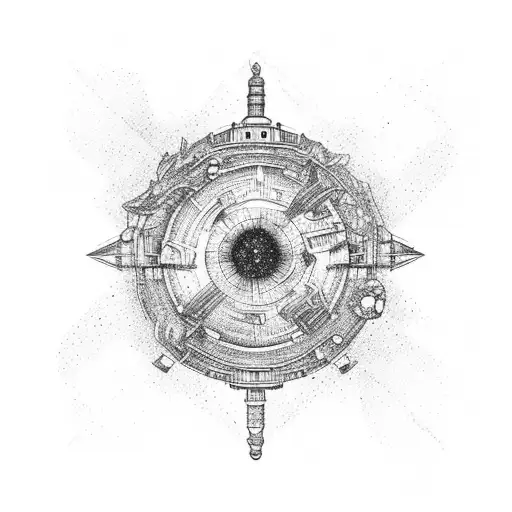 A navy ship sailing through a galaxy made of mandarin slices tattoo design idea