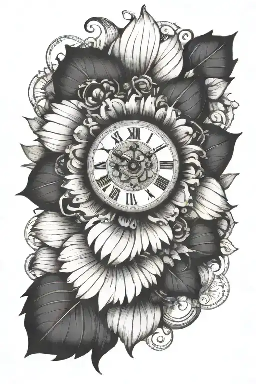 gerbera daisy with clock face inside tattoo design idea