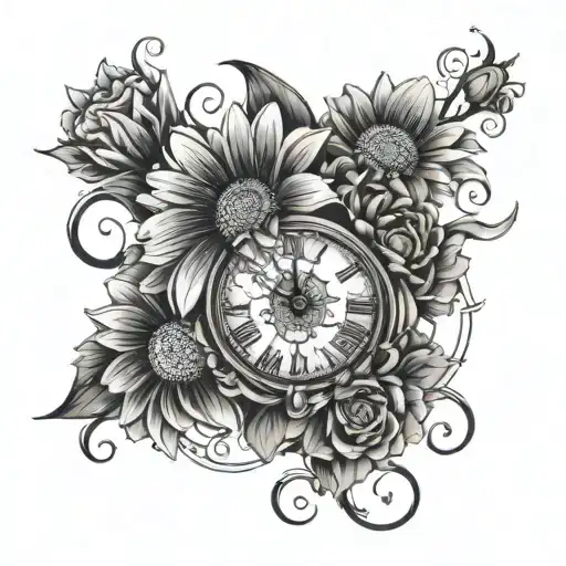 gerbera daisies with clock face tattoo design idea