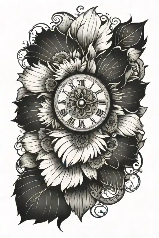 gerbera daisy with clock face inside tattoo design idea