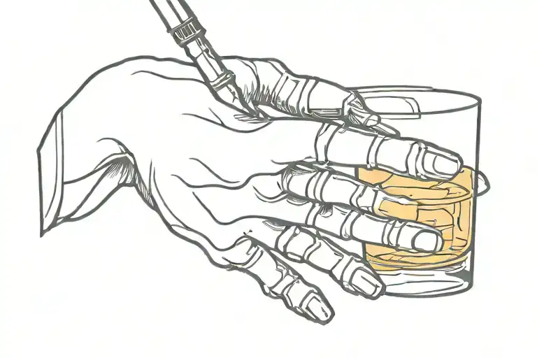 skeleton hand holding whiskey glass with cigarette  tattoo design idea