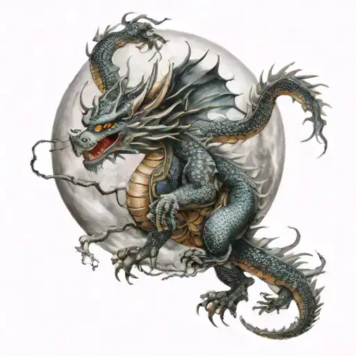 asian dragon wrapped around moon wiht lightning around it tattoo design idea