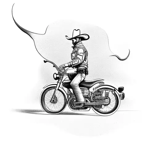 A cowboy on a motorcycle, with a hunting rifle slung over his back, riding towards an oil rig tattoo design idea