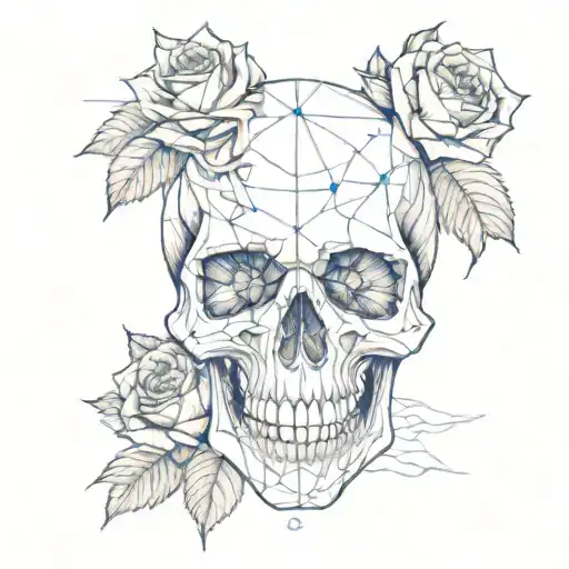 A creative interpretation of a skull made entirely out of blue crystals and surrounded by black roses tattoo design idea
