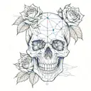 A creative interpretation of a skull made entirely out of blue crystals and surrounded by black roses tattoo design idea